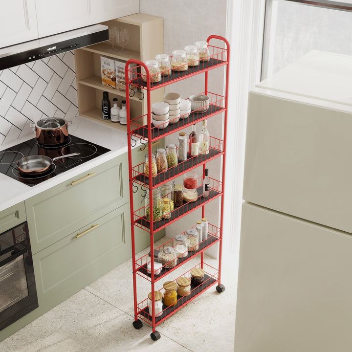 Red 6 - Tier Rolling Cart Gap Kitchen Slim Slide Out Storage Tower Rack with Wheels,6 Baskets,Kitchen,Bathroom Laundry Narrow Piaces Utility cart - Tenko Co., Ltd.