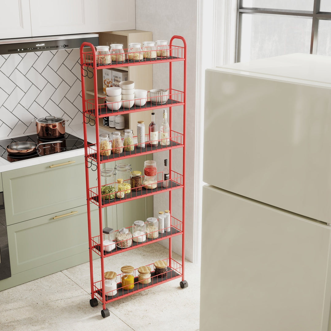 Red 6 - Tier Rolling Cart Gap Kitchen Slim Slide Out Storage Tower Rack with Wheels,6 Baskets,Kitchen,Bathroom Laundry Narrow Piaces Utility cart - Tenko Co., Ltd.