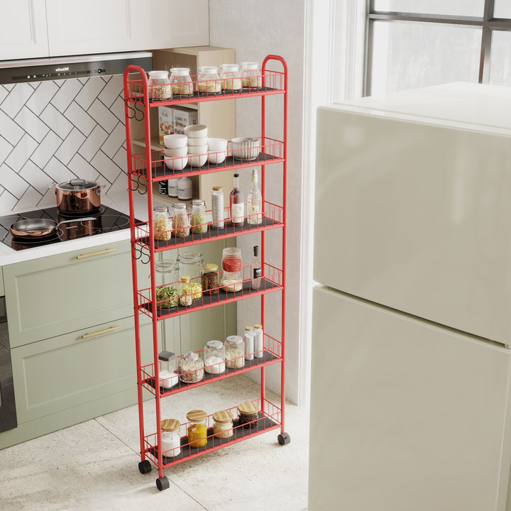 Red 6 - Tier Rolling Cart Gap Kitchen Slim Slide Out Storage Tower Rack with Wheels,6 Baskets,Kitchen,Bathroom Laundry Narrow Piaces Utility cart - Tenko Co., Ltd.