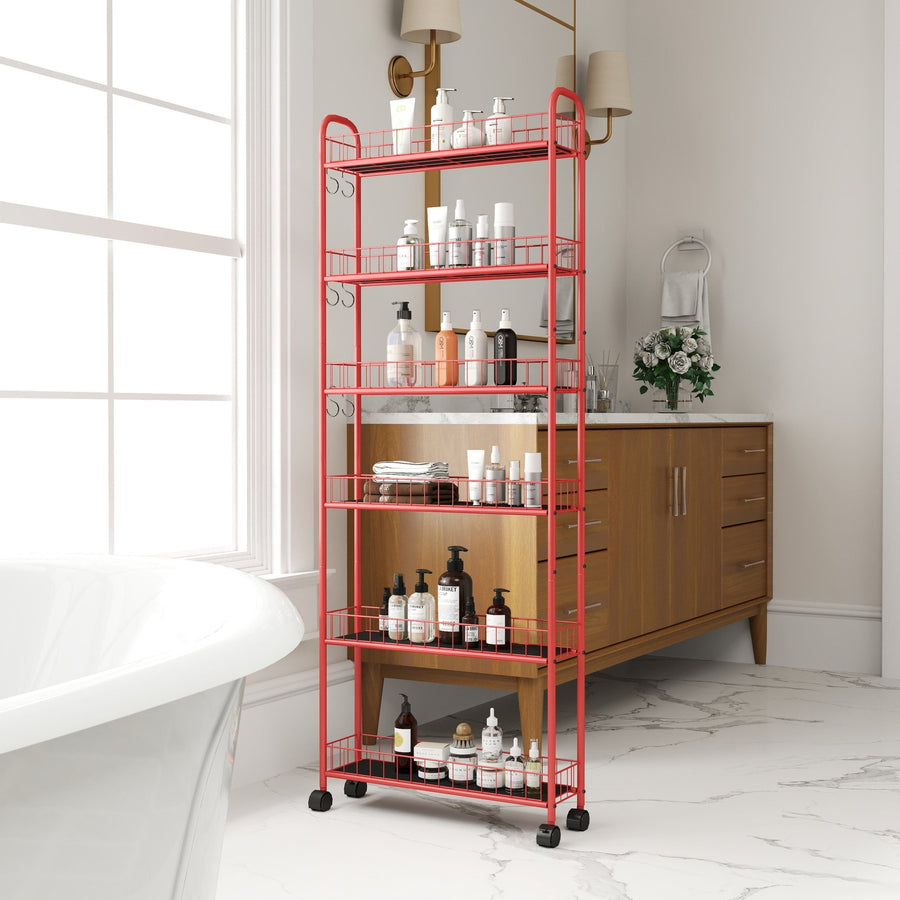 Red 6 - Tier Rolling Cart Gap Kitchen Slim Slide Out Storage Tower Rack with Wheels,6 Baskets,Kitchen,Bathroom Laundry Narrow Piaces Utility cart - Tenko Co., Ltd.