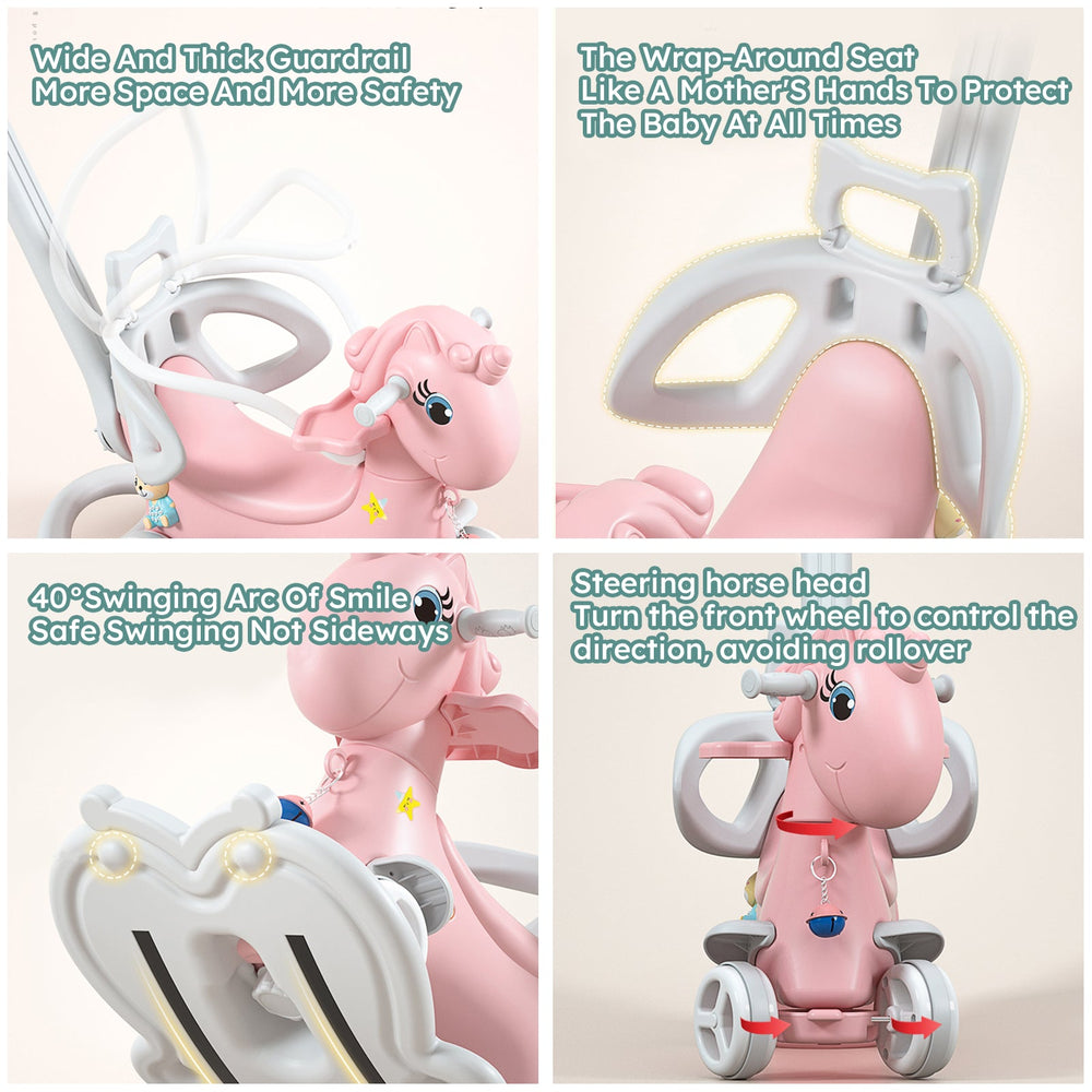 Rocking Horse for Toddlers, Balance Bike Ride On Toys with Push Handle, Backrest and Balance Board for Baby Girl and Boy, Unicorn Kids Pink Color - Tenko Co., Ltd.