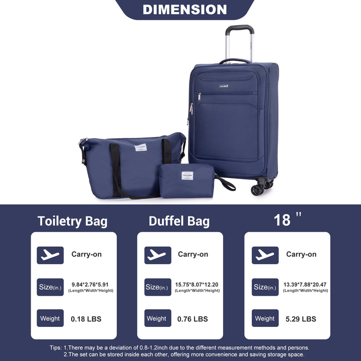 Softshell Suitcase Spinner Wheels Terylene Polyester Luggage Set with Carry On, Travelbag, and Toiletry Bag in Blue - Tenko Co., Ltd.