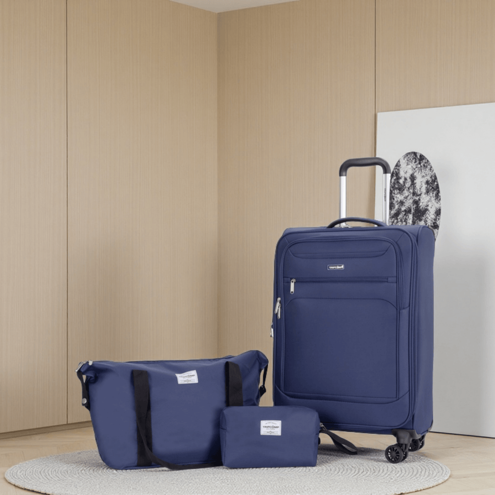 Softshell Suitcase Spinner Wheels Terylene Polyester Luggage Set with Carry On, Travelbag, and Toiletry Bag in Blue - Tenko Co., Ltd.