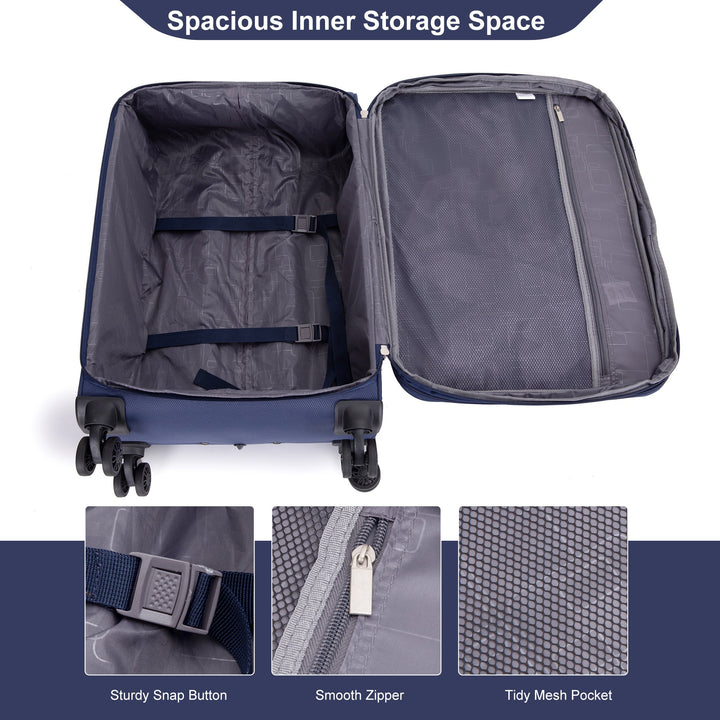 Softshell Suitcase Spinner Wheels Terylene Polyester Luggage Set with Carry On, Travelbag, and Toiletry Bag in Blue - Tenko Co., Ltd.