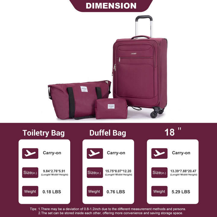 Softshell Suitcase Spinner Wheels Terylene Polyester Luggage Sets Carry On Suitcase Lightweight Durable WINE RED - Tenko Co., Ltd.