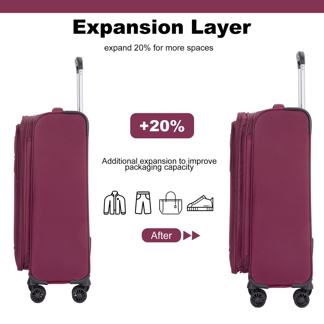 Softshell Suitcase Spinner Wheels Terylene Polyester Luggage Sets Carry On Suitcase Lightweight Durable WINE RED - Tenko Co., Ltd.