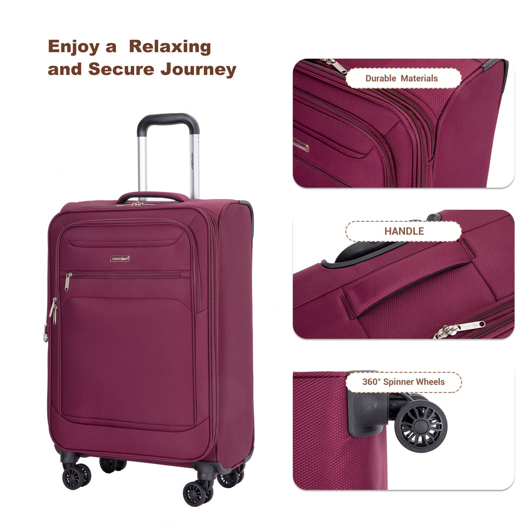 Softshell Suitcase Spinner Wheels Terylene Polyester Luggage Sets Carry On Suitcase Lightweight Durable WINE RED - Tenko Co., Ltd.