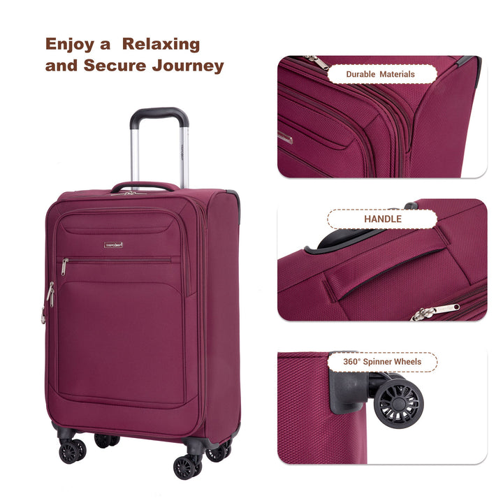 Softshell Suitcase Spinner Wheels Terylene Polyester Luggage Sets Carry On Suitcase Lightweight Durable WINE RED - Tenko Co., Ltd.