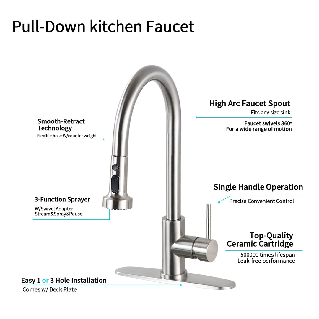 Stainless Steel Pull Down Kitchen Faucet with Soap Dispenser Brushed Nickel - Tenko Co., Ltd.
