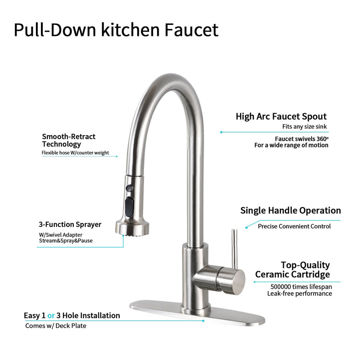Stainless Steel Pull Down Kitchen Faucet with Soap Dispenser Brushed Nickel - Tenko Co., Ltd.