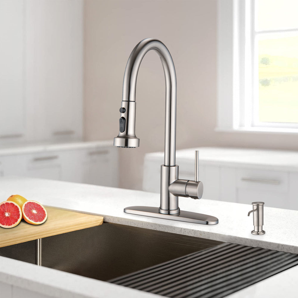 Stainless Steel Pull Down Kitchen Faucet with Soap Dispenser Brushed Nickel - Tenko Co., Ltd.