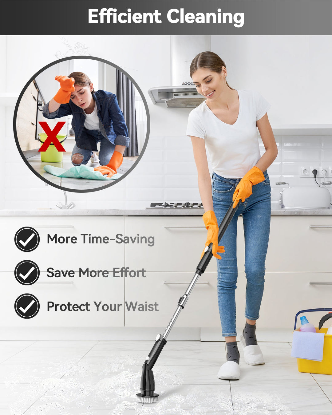 TASVAC EB5 BLACK Electric Spin Scrubber, Cordless Cleaning Brush with 5 Replaceable Heads, 450 RPM, Adjustable Telescopic Handle, 90min Runtime - Tenko Co., Ltd.