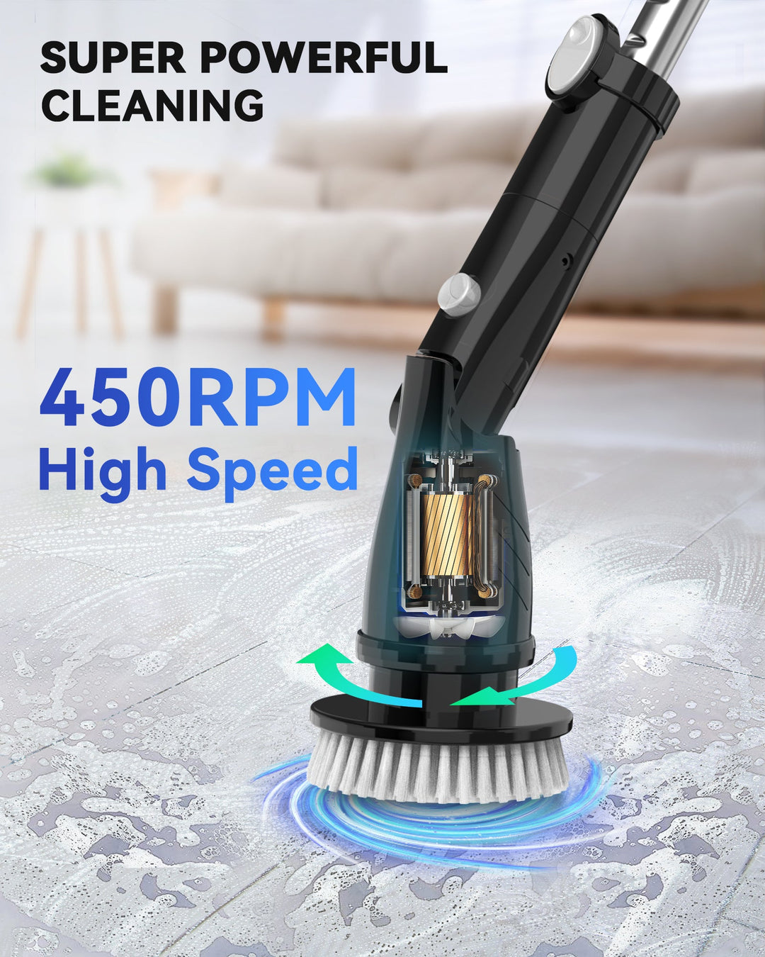 TASVAC EB5 BLACK Electric Spin Scrubber, Cordless Cleaning Brush with 5 Replaceable Heads, 450 RPM, Adjustable Telescopic Handle, 90min Runtime - Tenko Co., Ltd.