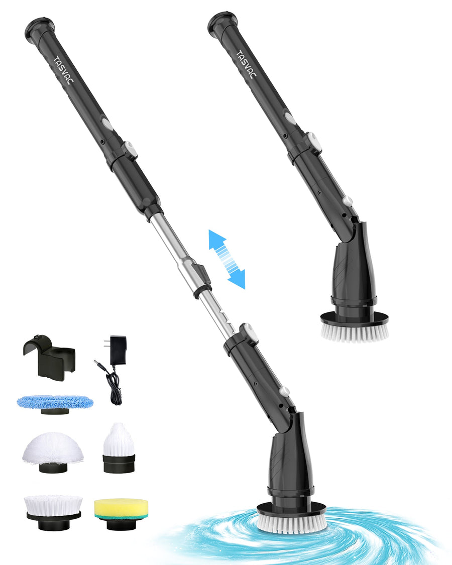 TASVAC EB5 BLACK Electric Spin Scrubber, Cordless Cleaning Brush with 5 Replaceable Heads, 450 RPM, Adjustable Telescopic Handle, 90min Runtime - Tenko Co., Ltd.