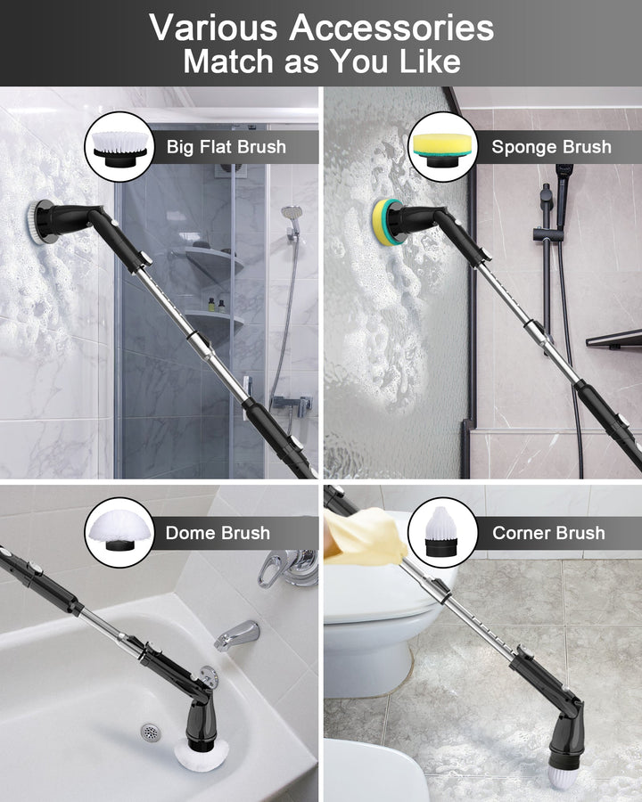 TASVAC EB5 BLACK Electric Spin Scrubber, Cordless Cleaning Brush with 5 Replaceable Heads, 450 RPM, Adjustable Telescopic Handle, 90min Runtime - Tenko Co., Ltd.