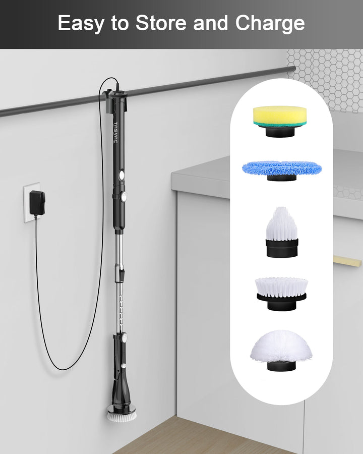 TASVAC EB5 BLACK Electric Spin Scrubber, Cordless Cleaning Brush with 5 Replaceable Heads, 450 RPM, Adjustable Telescopic Handle, 90min Runtime - Tenko Co., Ltd.