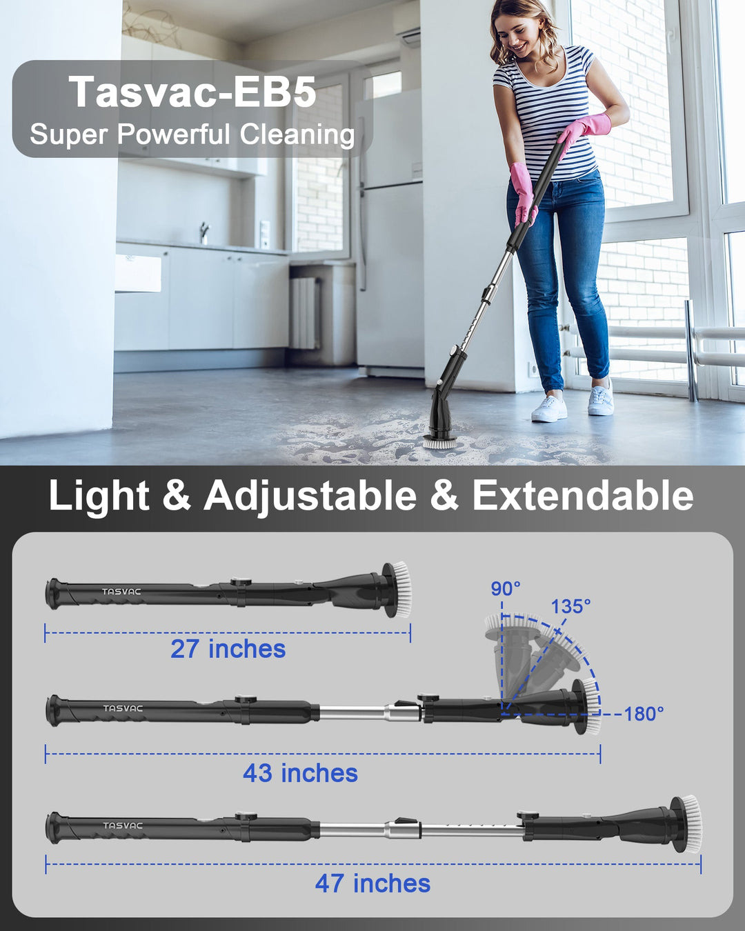 TASVAC EB5 BLACK Electric Spin Scrubber, Cordless Cleaning Brush with 5 Replaceable Heads, 450 RPM, Adjustable Telescopic Handle, 90min Runtime - Tenko Co., Ltd.