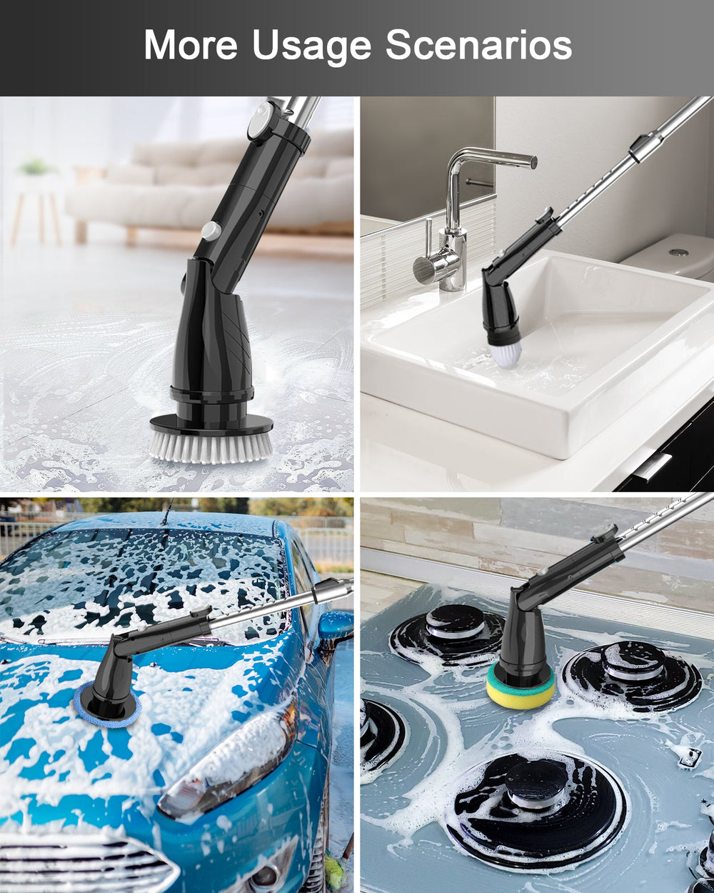 TASVAC EB5 BLACK Electric Spin Scrubber, Cordless Cleaning Brush with 5 Replaceable Heads, 450 RPM, Adjustable Telescopic Handle, 90min Runtime - Tenko Co., Ltd.