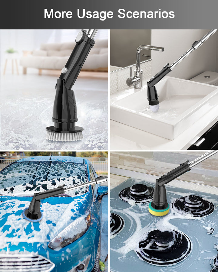 TASVAC EB5 BLACK Electric Spin Scrubber, Cordless Cleaning Brush with 5 Replaceable Heads, 450 RPM, Adjustable Telescopic Handle, 90min Runtime - Tenko Co., Ltd.