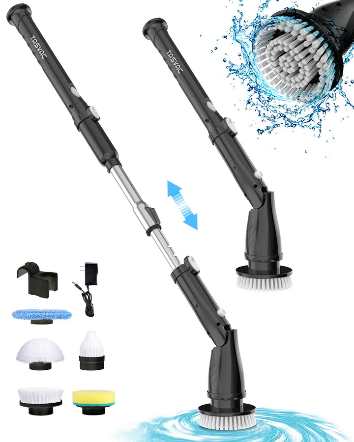 TASVAC EB5 BLACK Electric Spin Scrubber, Cordless Cleaning Brush with 5 Replaceable Heads, 450 RPM, Adjustable Telescopic Handle, 90min Runtime - Tenko Co., Ltd.