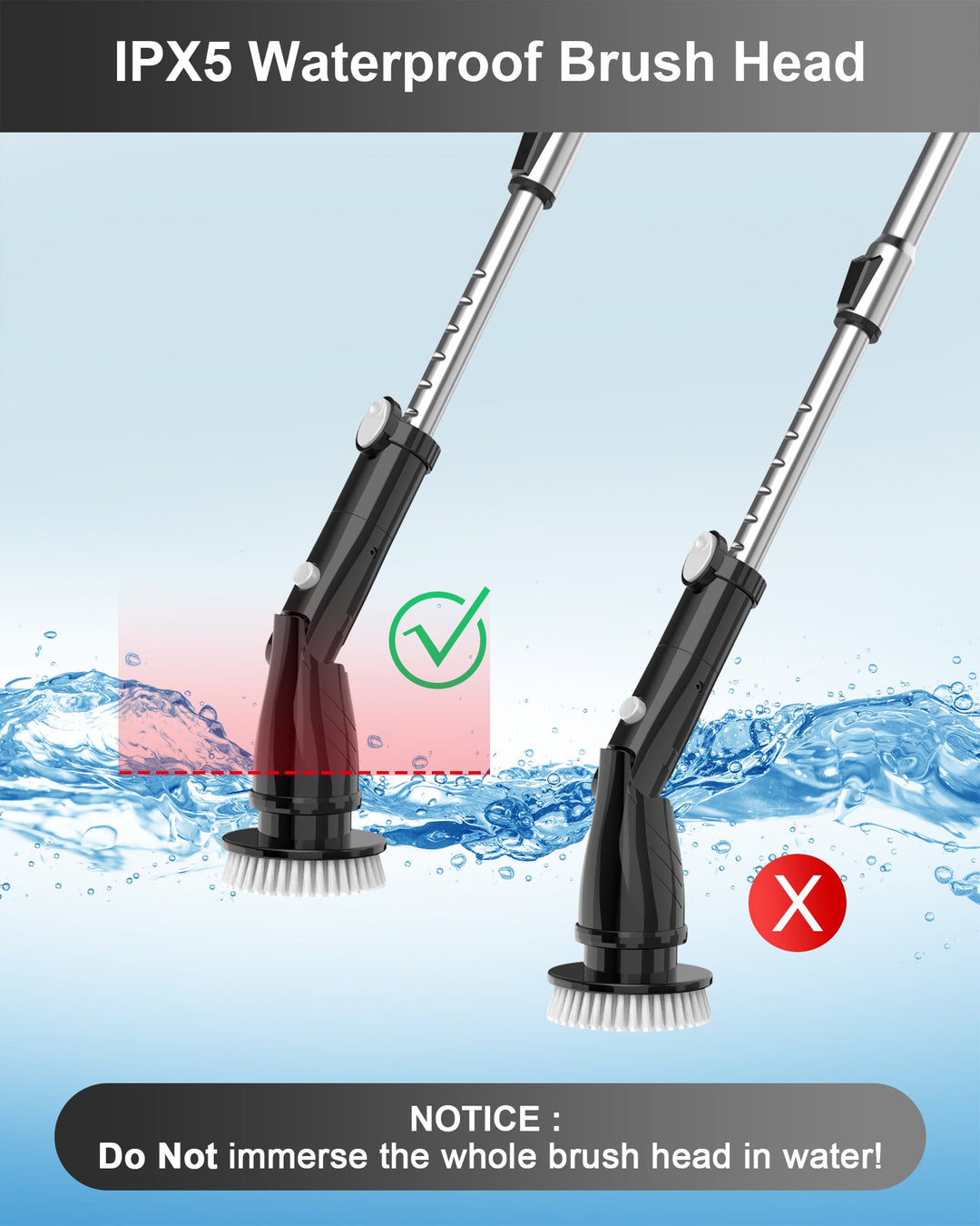 TASVAC EB5 BLACK Electric Spin Scrubber, Cordless Cleaning Brush with 5 Replaceable Heads, 450 RPM, Adjustable Telescopic Handle, 90min Runtime - Tenko Co., Ltd.