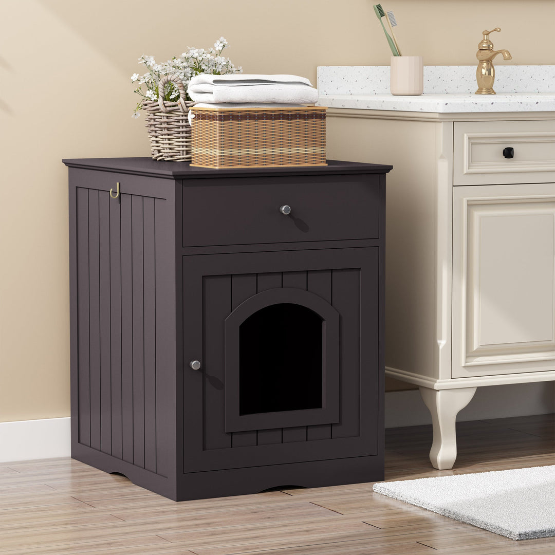 Wooden Pet House Cat Litter Box Enclosure with Drawer, Side Table, Indoor Pet Crate, Cat Home Nightstand (Brown) - Tenko Co., Ltd.