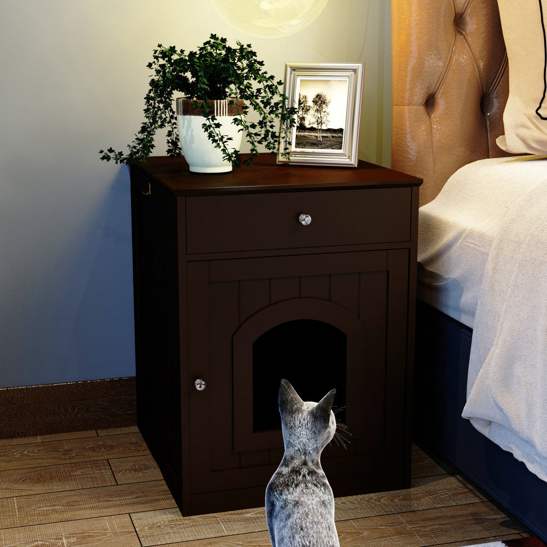 Wooden Pet House Cat Litter Box Enclosure with Drawer, Side Table, Indoor Pet Crate, Cat Home Nightstand (Brown) - Tenko Co., Ltd.