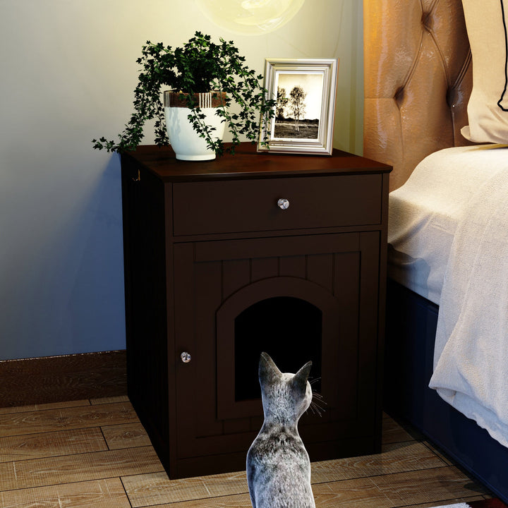 Wooden Pet House Cat Litter Box Enclosure with Drawer, Side Table, Indoor Pet Crate, Cat Home Nightstand (Brown) - Tenko Co., Ltd.