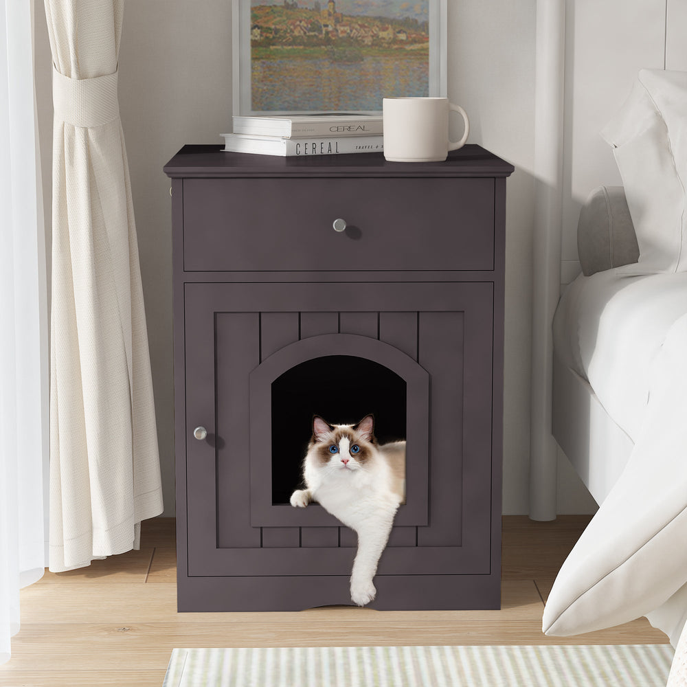 Wooden Pet House Cat Litter Box Enclosure with Drawer, Side Table, Indoor Pet Crate, Cat Home Nightstand (Brown) - Tenko Co., Ltd.