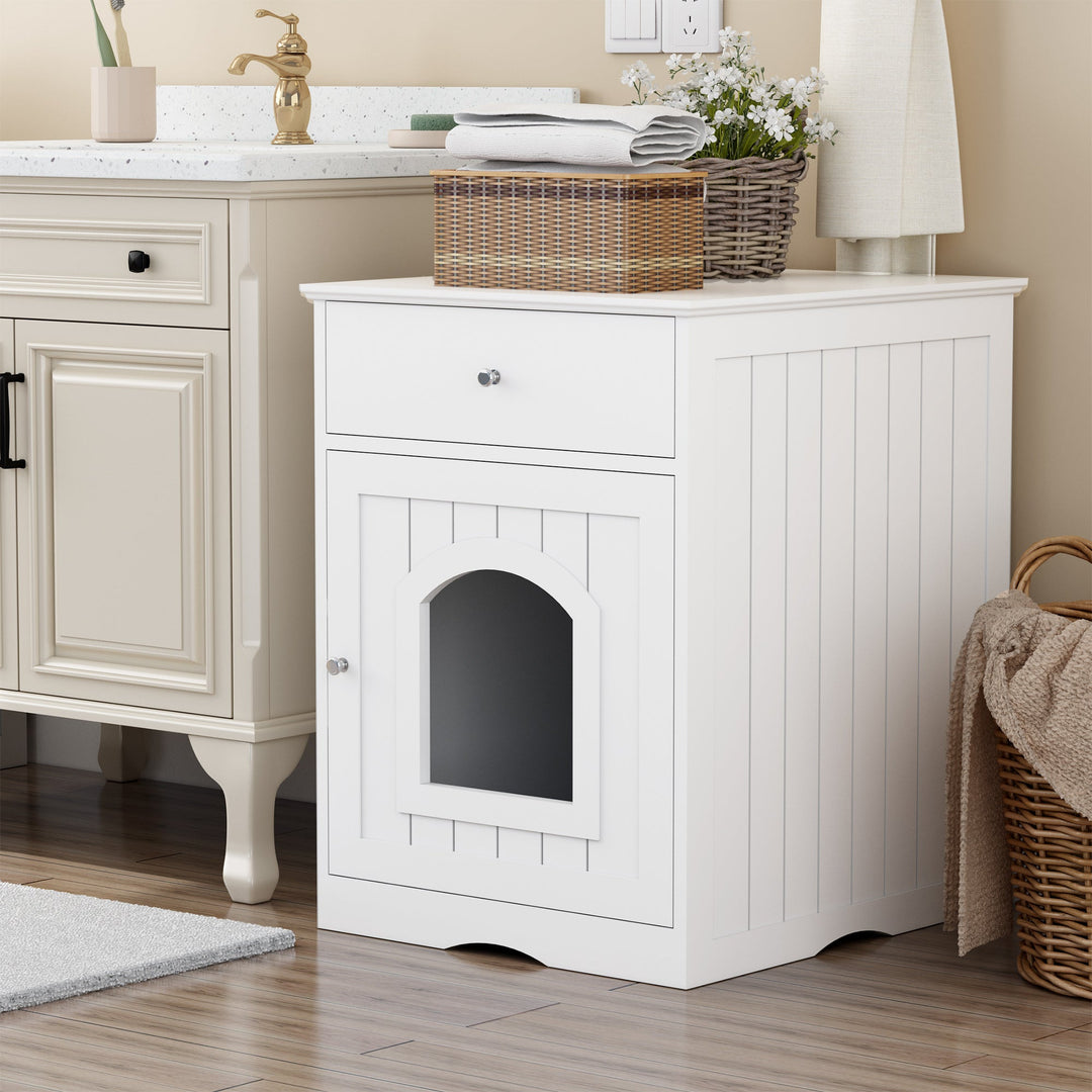 Wooden Pet House Cat Litter Box Enclosure with Drawer, Side Table, Indoor Pet Crate, Cat Home Nightstand (White) - Tenko Co., Ltd.