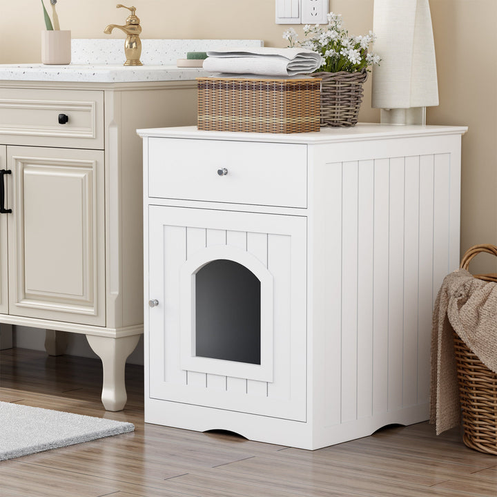 Wooden Pet House Cat Litter Box Enclosure with Drawer, Side Table, Indoor Pet Crate, Cat Home Nightstand (White) - Tenko Co., Ltd.