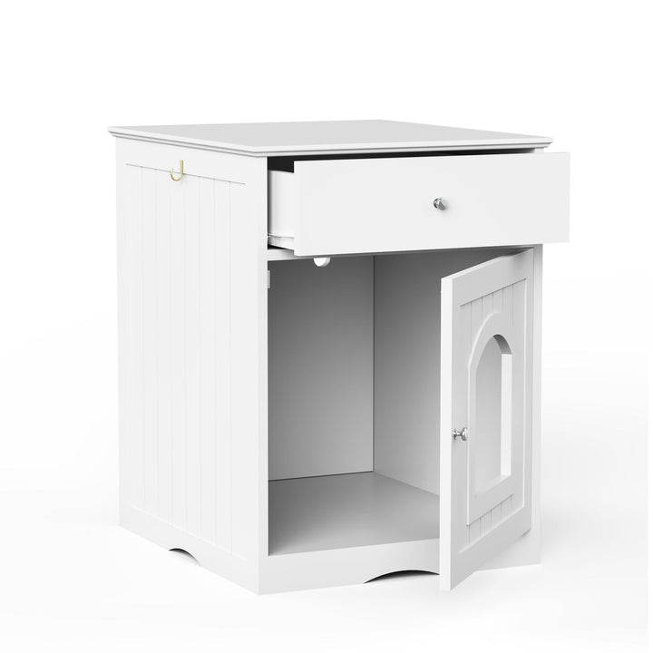 Wooden Pet House Cat Litter Box Enclosure with Drawer, Side Table, Indoor Pet Crate, Cat Home Nightstand (White) - Tenko Co., Ltd.
