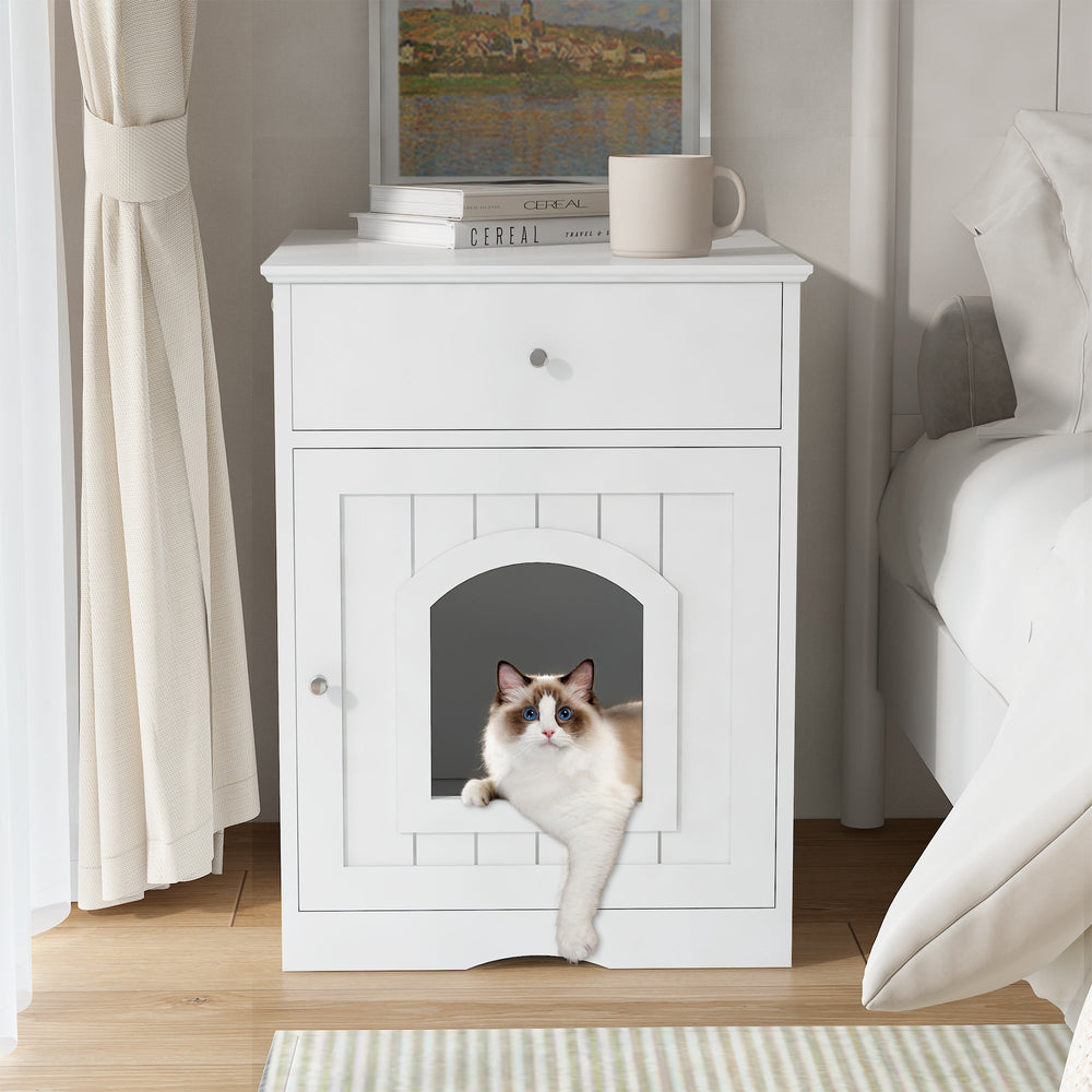 Wooden Pet House Cat Litter Box Enclosure with Drawer, Side Table, Indoor Pet Crate, Cat Home Nightstand (White) - Tenko Co., Ltd.