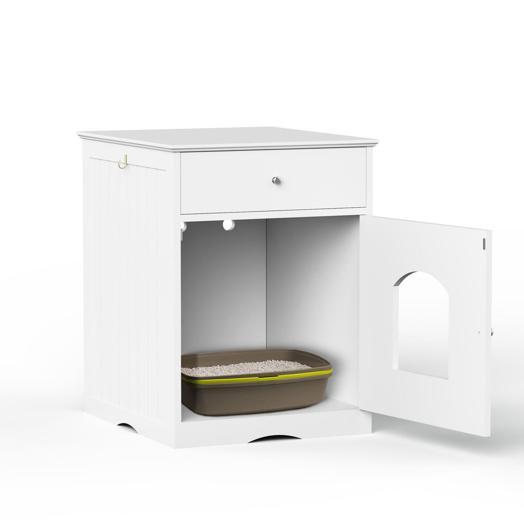 Wooden Pet House Cat Litter Box Enclosure with Drawer, Side Table, Indoor Pet Crate, Cat Home Nightstand (White) - Tenko Co., Ltd.