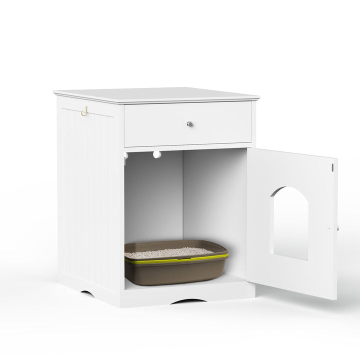 Wooden Pet House Cat Litter Box Enclosure with Drawer, Side Table, Indoor Pet Crate, Cat Home Nightstand (White) - Tenko Co., Ltd.