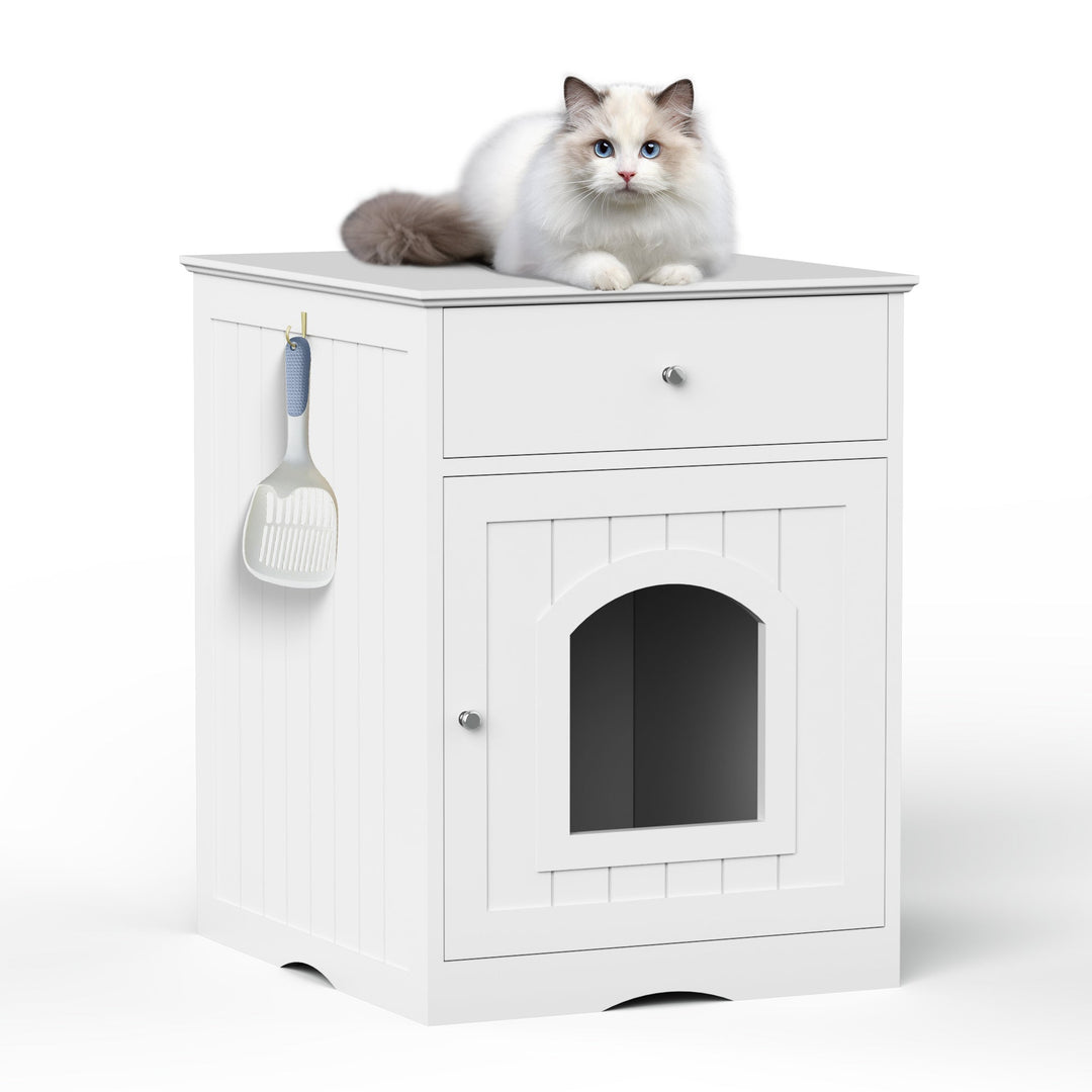 Wooden Pet House Cat Litter Box Enclosure with Drawer, Side Table, Indoor Pet Crate, Cat Home Nightstand (White) - Tenko Co., Ltd.
