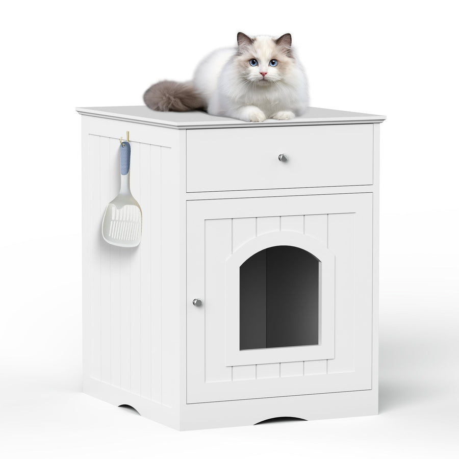 Wooden Pet House Cat Litter Box Enclosure with Drawer, Side Table, Indoor Pet Crate, Cat Home Nightstand (White) - Tenko Co., Ltd.