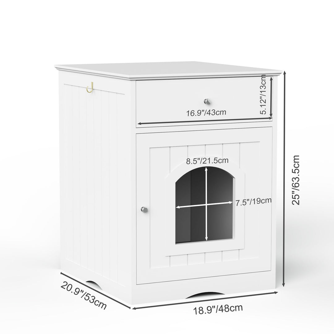 Wooden Pet House Cat Litter Box Enclosure with Drawer, Side Table, Indoor Pet Crate, Cat Home Nightstand (White) - Tenko Co., Ltd.